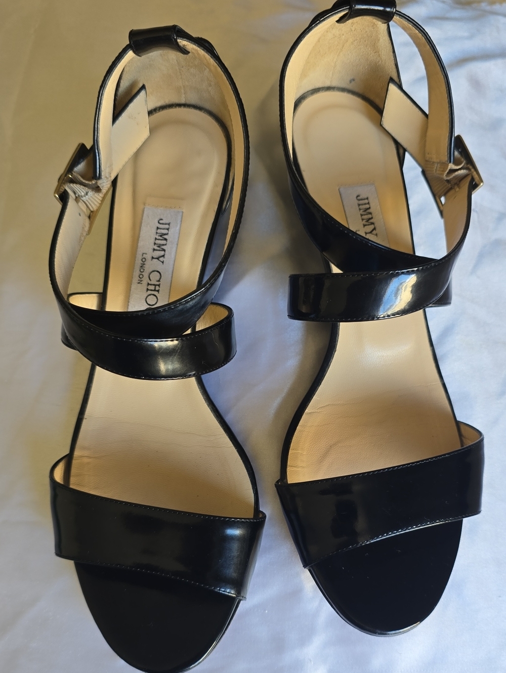Jimmy Choo Black Patent Leather Open-Toe Strappy Heels